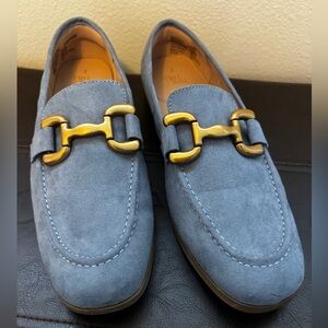 Blue Faux Suede Loafer with Gold Buckle, Flat Slip On Work Shoes, Size 7